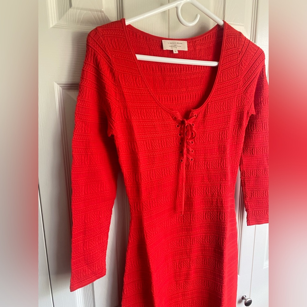 Sézane Red Knit Midi Dress with Tie Front - Picture 2 of 10